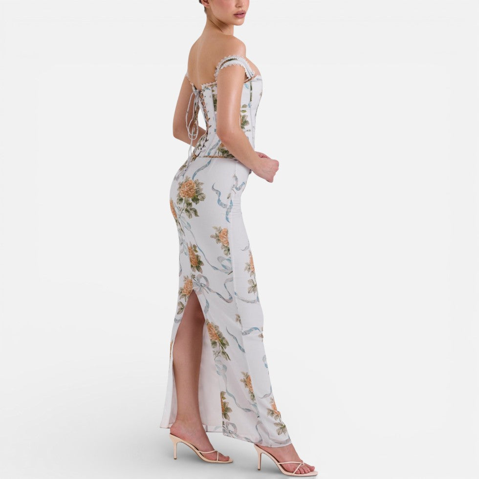 Women's Off-the-Shoulder Floral Corset Maxi Dress