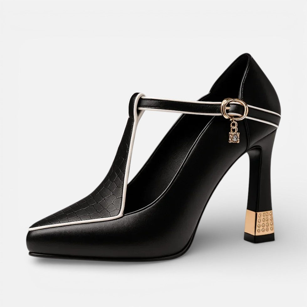 Women's T-Strap Pumps with Pointed Toe and High Heel