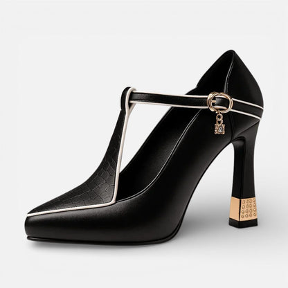 Women's T-Strap Pumps with Pointed Toe and High Heel