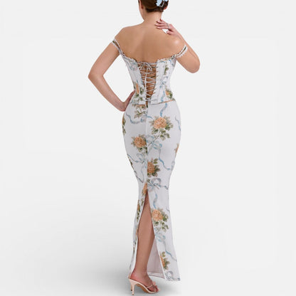 Women's Off-the-Shoulder Floral Corset Maxi Dress