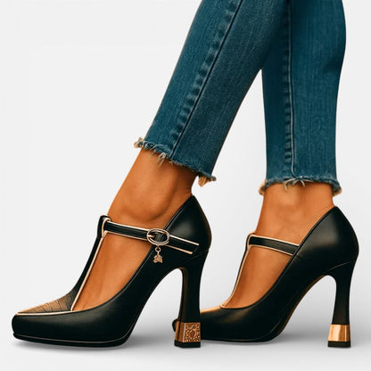 Women's T-Strap Pumps with Pointed Toe and High Heel