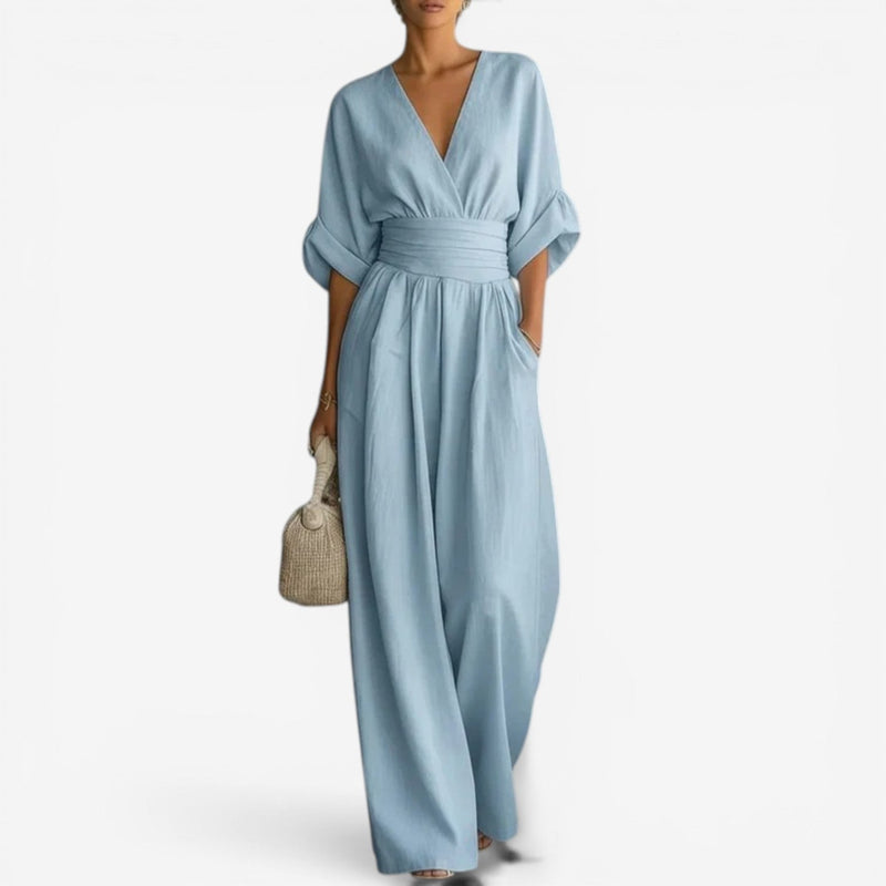 Women's Wide-Leg Jumpsuit with V-Neck and Cinched Waist