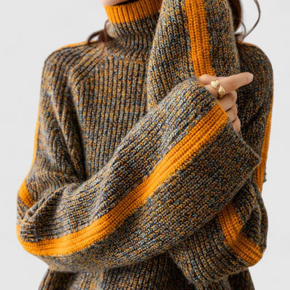 Women's Turtleneck Ribbed Knit Sweater with Contrast Trim