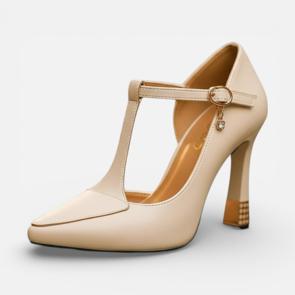 Women's T-Strap Pumps with Pointed Toe and High Heel