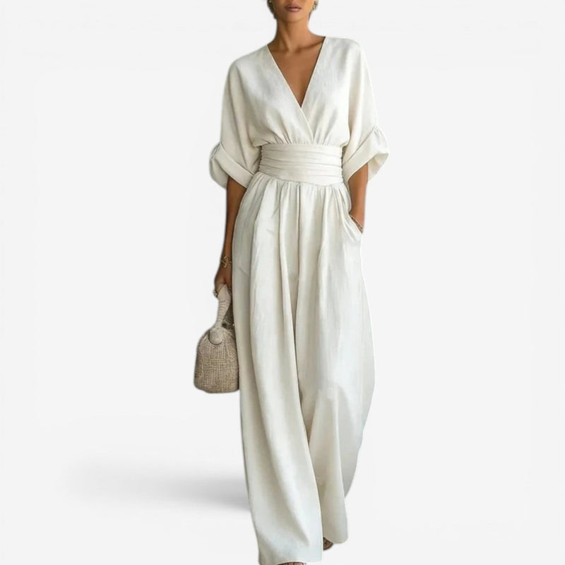 Women's Wide-Leg Jumpsuit with V-Neck and Cinched Waist