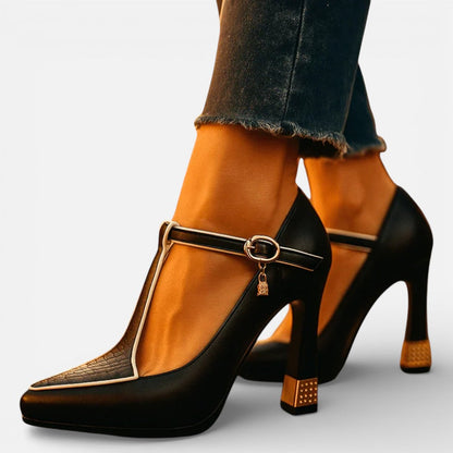 Women's T-Strap Pumps with Pointed Toe and High Heel