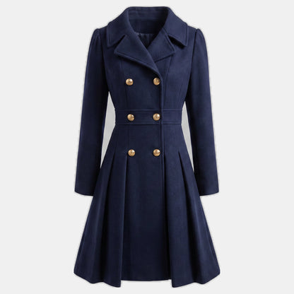 Women's Wool Coat – Double-Breasted, Pleated Flare