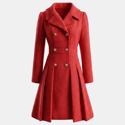 Women's Wool Coat – Double-Breasted, Pleated Flare