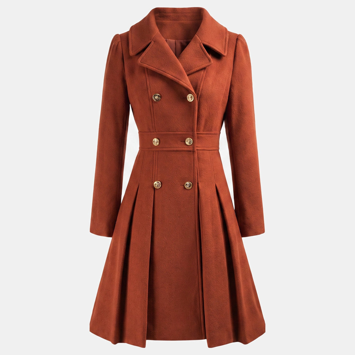 Women's Wool Coat – Double-Breasted, Pleated Flare