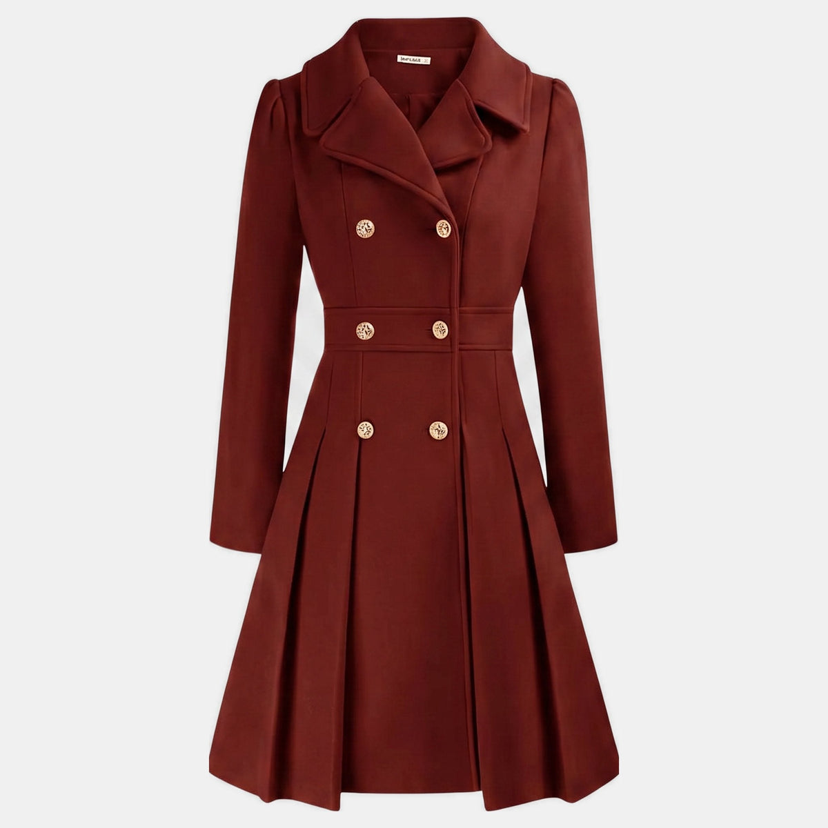 Women's Wool Coat – Double-Breasted, Pleated Flare