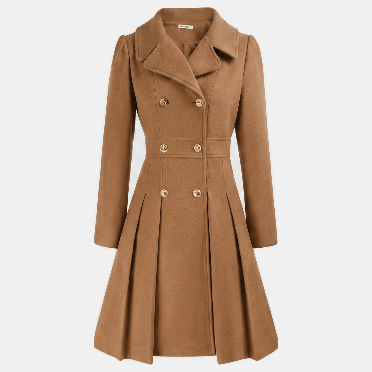 Women's Wool Coat – Double-Breasted, Pleated Flare