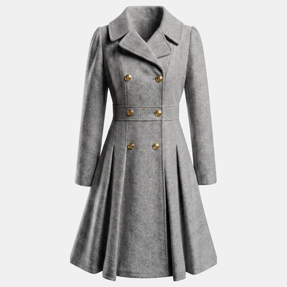 Women's Wool Coat – Double-Breasted, Pleated Flare