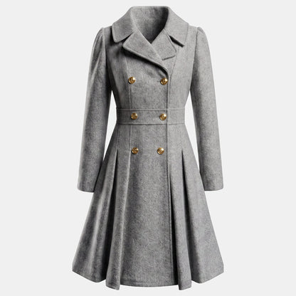 Women's Wool Coat – Double-Breasted, Pleated Flare