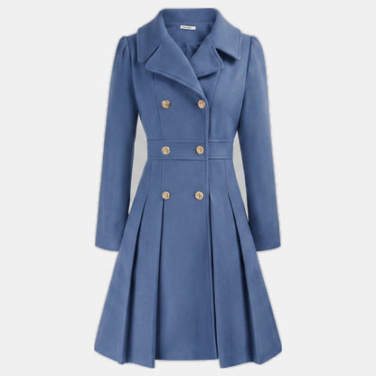 Women's Wool Coat – Double-Breasted, Pleated Flare