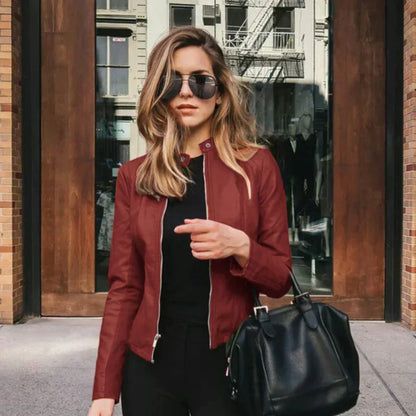 Women's Faux Leather Jacket with Stand Collar