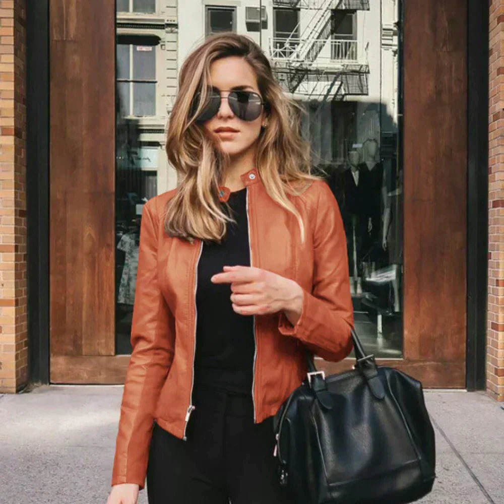 Women's Faux Leather Jacket with Stand Collar