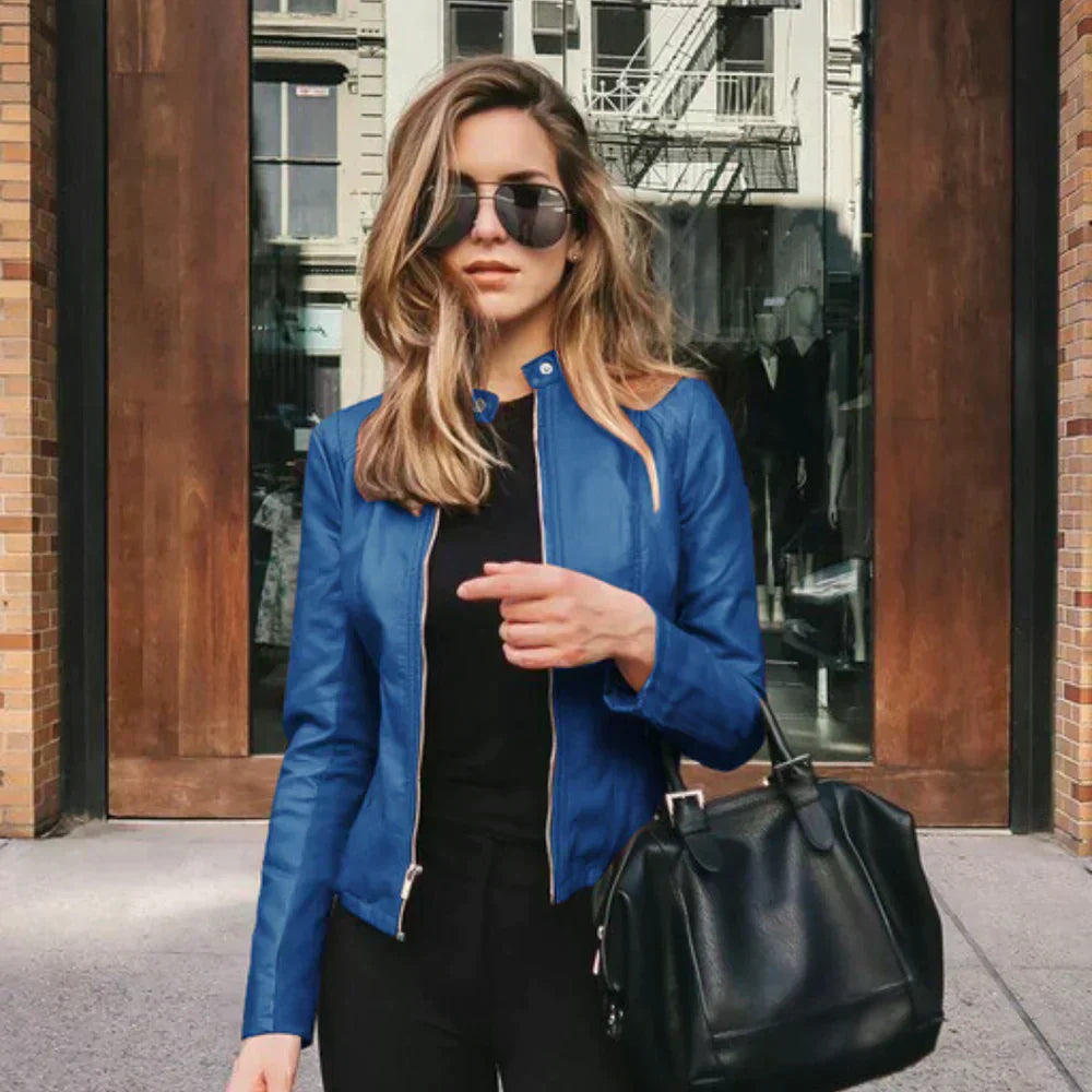 Women's Faux Leather Jacket with Stand Collar