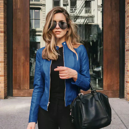 Women's Faux Leather Jacket with Stand Collar