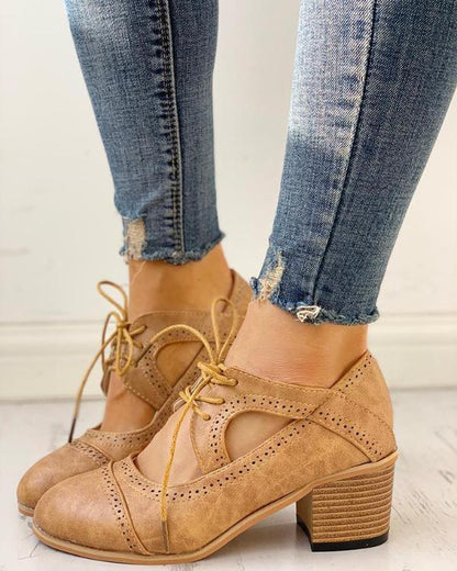 Women's Brogue Heels – Lace-Up, Cutouts, Faux Leather