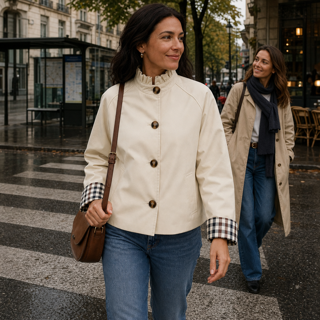 Women's Short Trench Coat – Ruffle Collar, Relaxed Fit