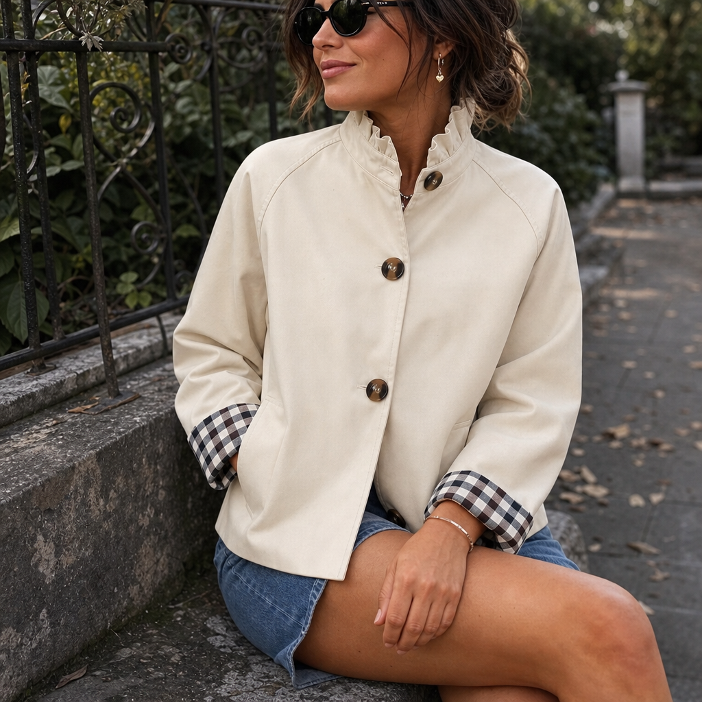 Women's Short Trench Coat – Ruffle Collar, Relaxed Fit