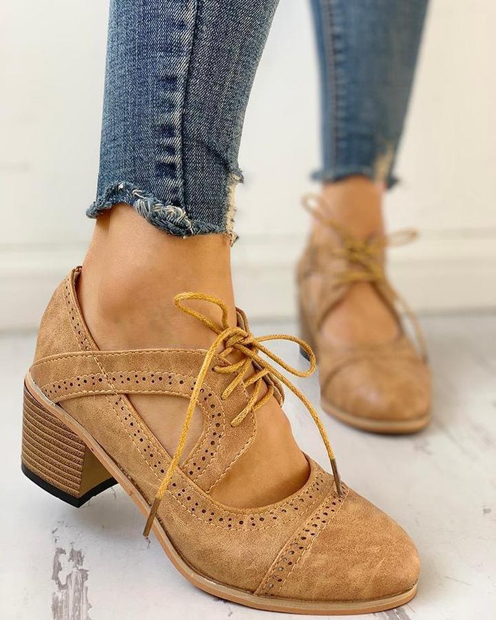 Women's Brogue Heels – Lace-Up, Cutouts, Faux Leather
