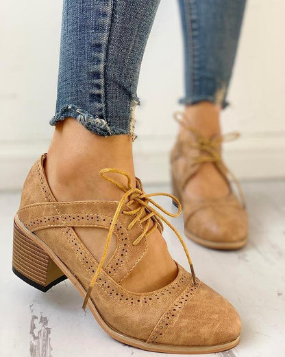 Women's Brogue Heels – Lace-Up, Cutouts, Faux Leather