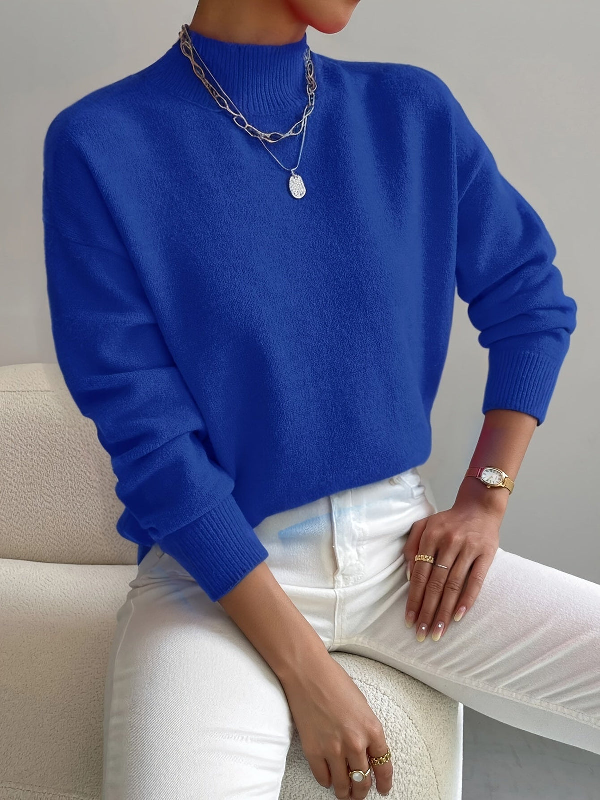Women's Sweater – Knit, High Neck, Ribbed Cuffs