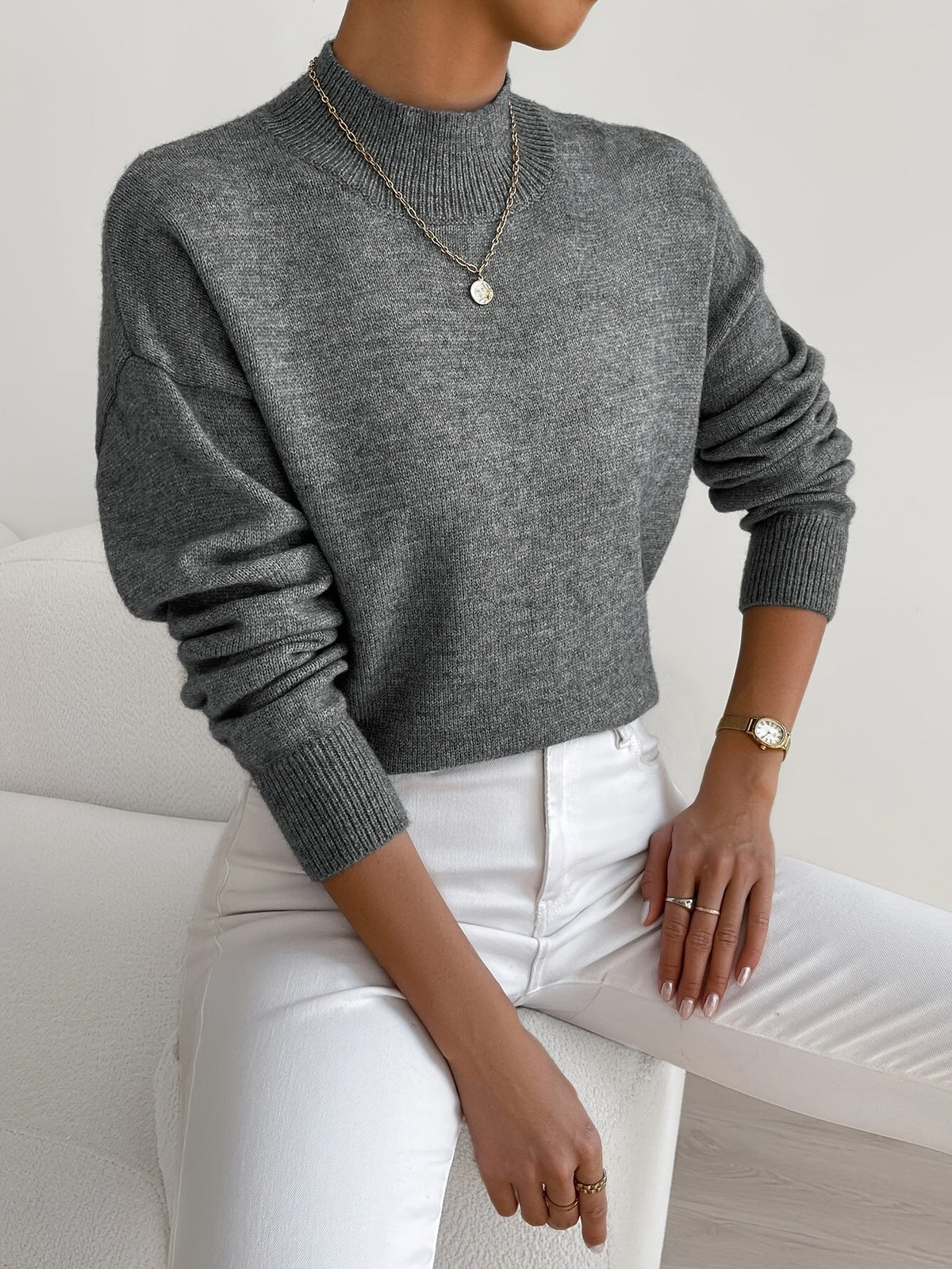 Women's Sweater – Knit, High Neck, Ribbed Cuffs