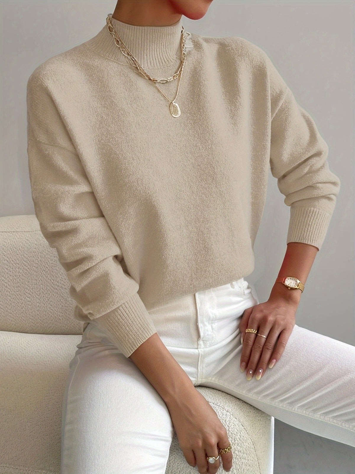 Women's Sweater – Knit, High Neck, Ribbed Cuffs