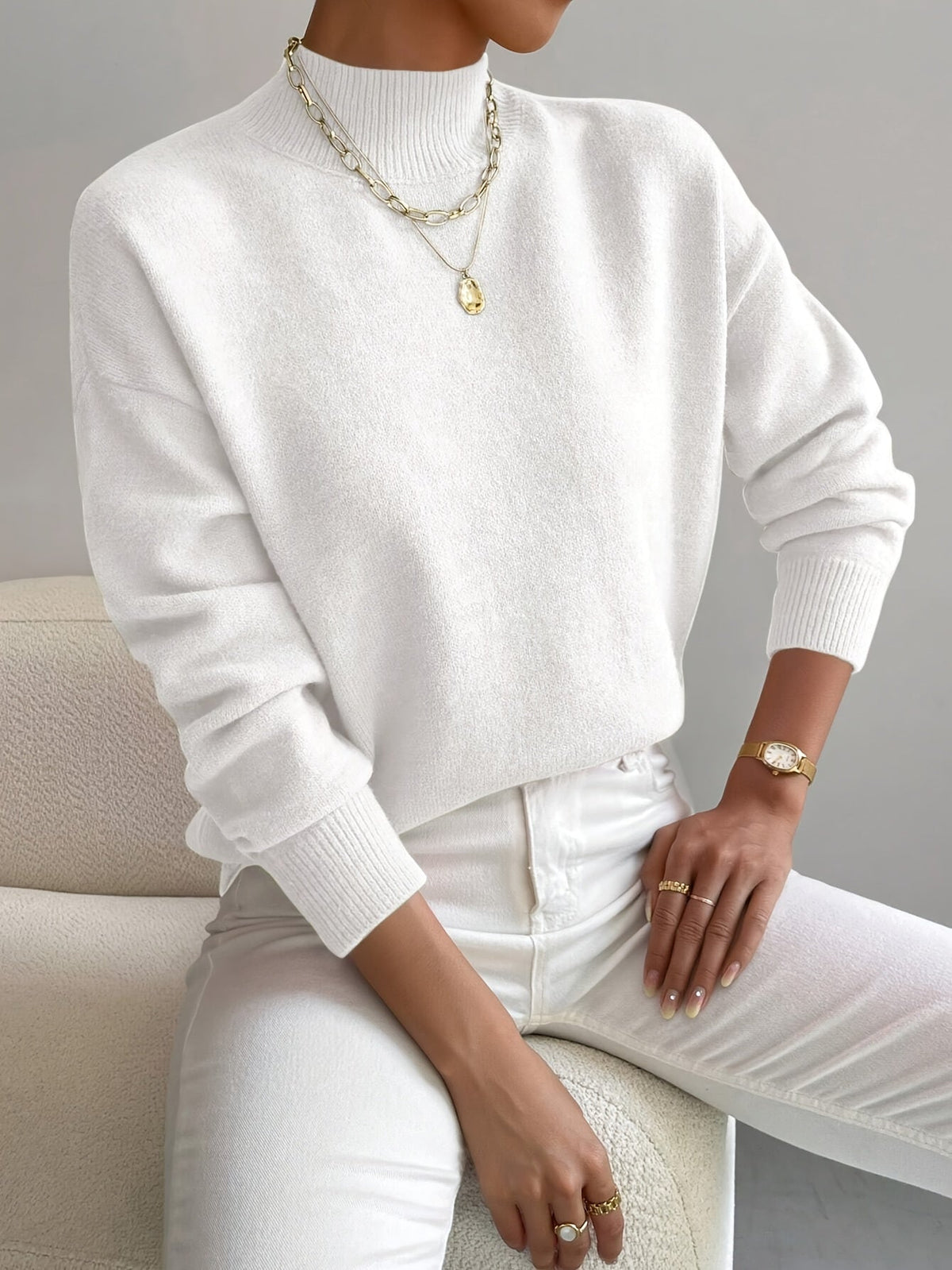 Women's Sweater – Knit, High Neck, Ribbed Cuffs