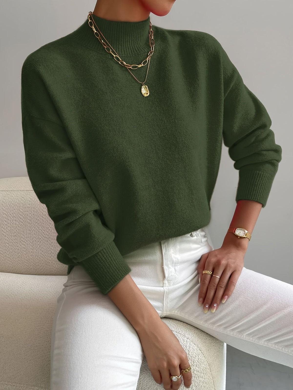 Women's Sweater – Knit, High Neck, Ribbed Cuffs