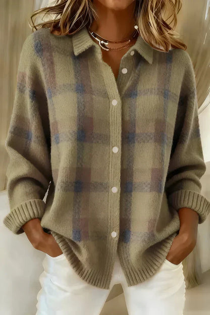 Women's Knit Cardigan – Plaid, Collar