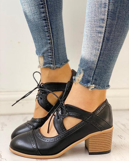 Women's Brogue Heels – Lace-Up, Cutouts, Faux Leather
