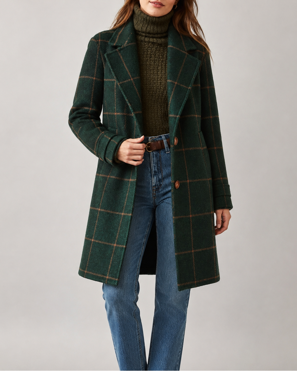 Women's Wool Coat – Windowpane Plaid, Notch Lapel