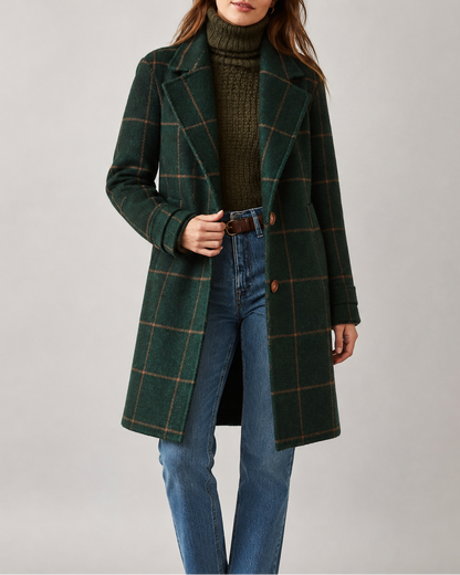 Women's Wool Coat – Windowpane Plaid, Notch Lapel