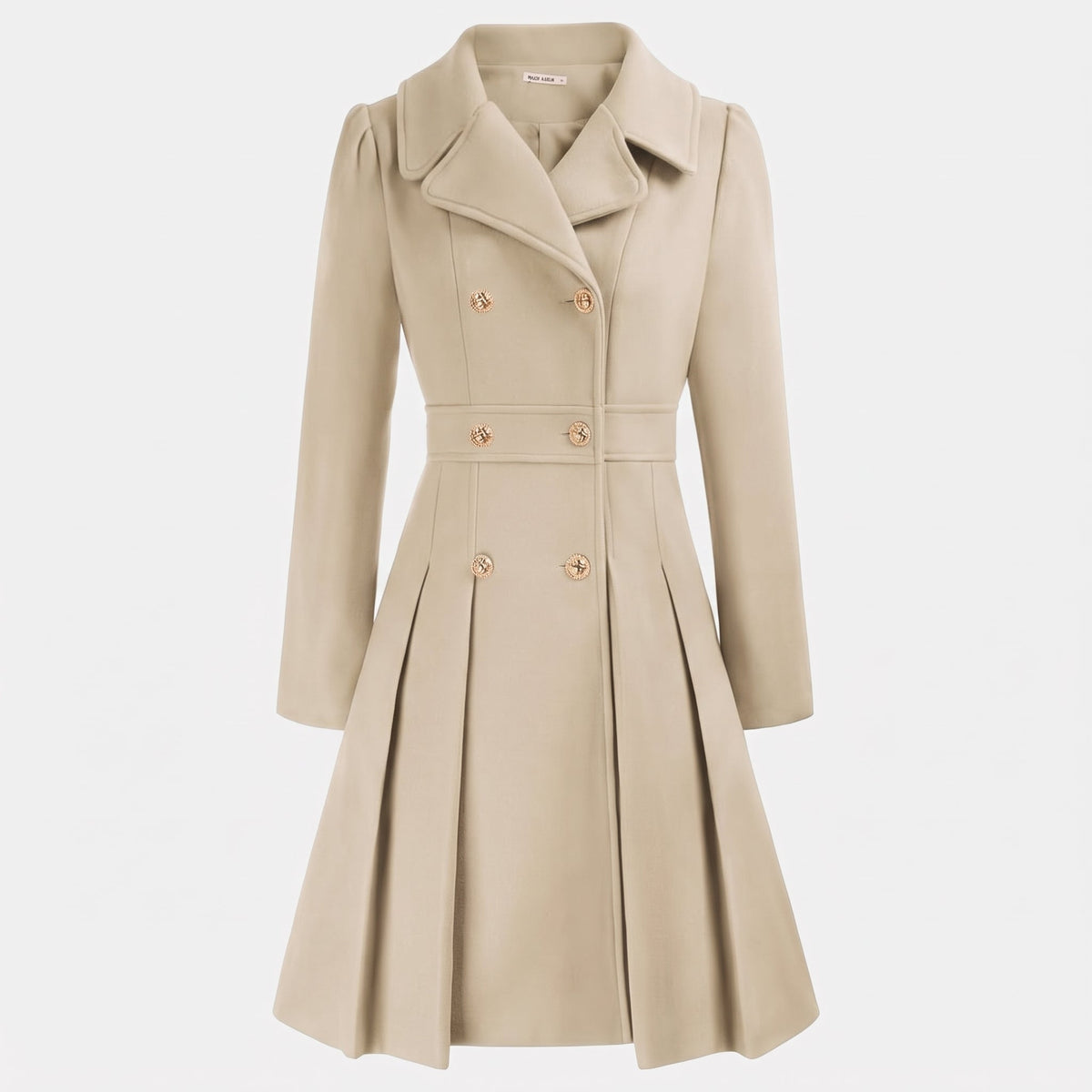 Women's Wool Coat – Double-Breasted, Pleated Flare