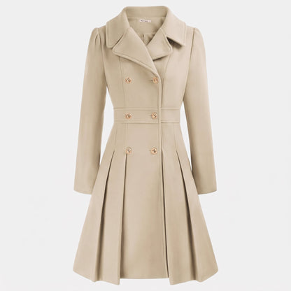 Women's Wool Coat – Double-Breasted, Pleated Flare