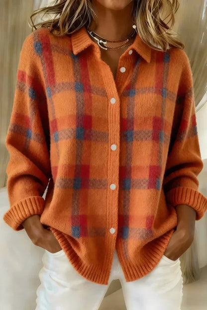 Women's Knit Cardigan – Plaid, Collar
