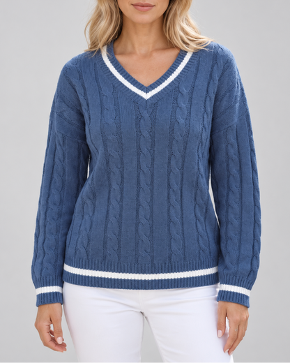 Women's Cable Knit Sweater – V-Neck, Stripe Trim