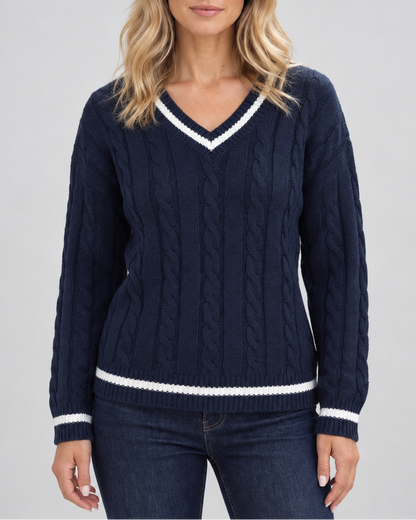 Women's Cable Knit Sweater – V-Neck, Stripe Trim
