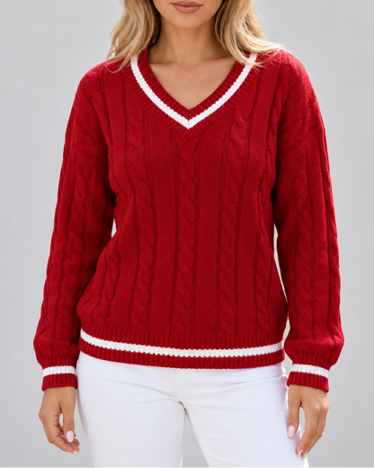 Women's Cable Knit Sweater – V-Neck, Stripe Trim