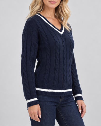 Women's Cable Knit Sweater – V-Neck, Stripe Trim