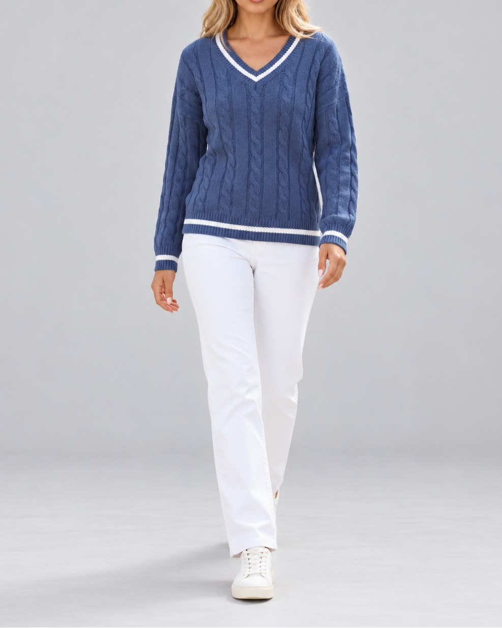 Women's Cable Knit Sweater – V-Neck, Stripe Trim