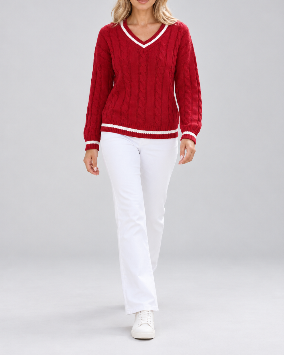 Women's Cable Knit Sweater – V-Neck, Stripe Trim