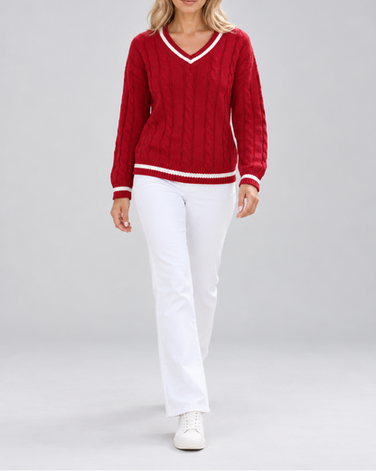 Women's Cable Knit Sweater – V-Neck, Stripe Trim