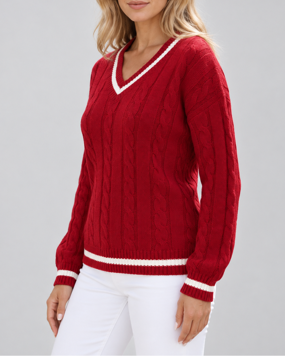 Women's Cable Knit Sweater – V-Neck, Stripe Trim