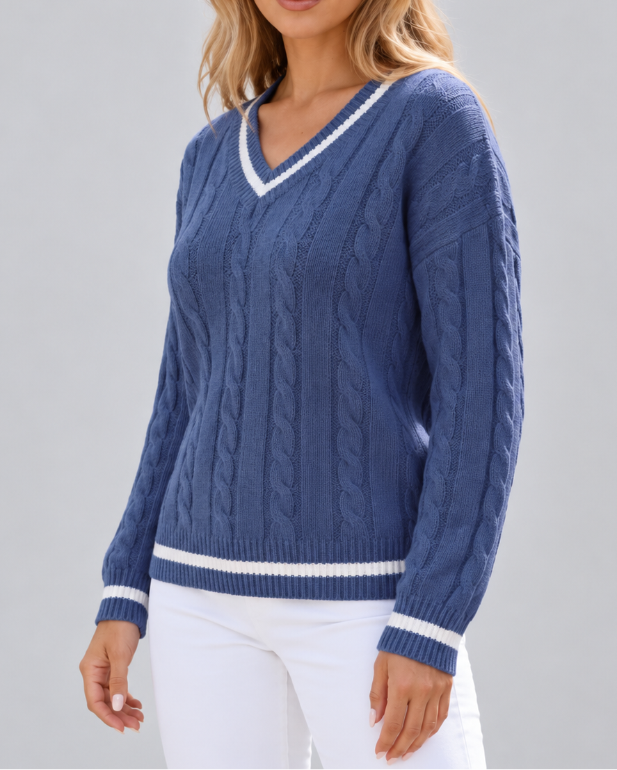 Women's Cable Knit Sweater – V-Neck, Stripe Trim