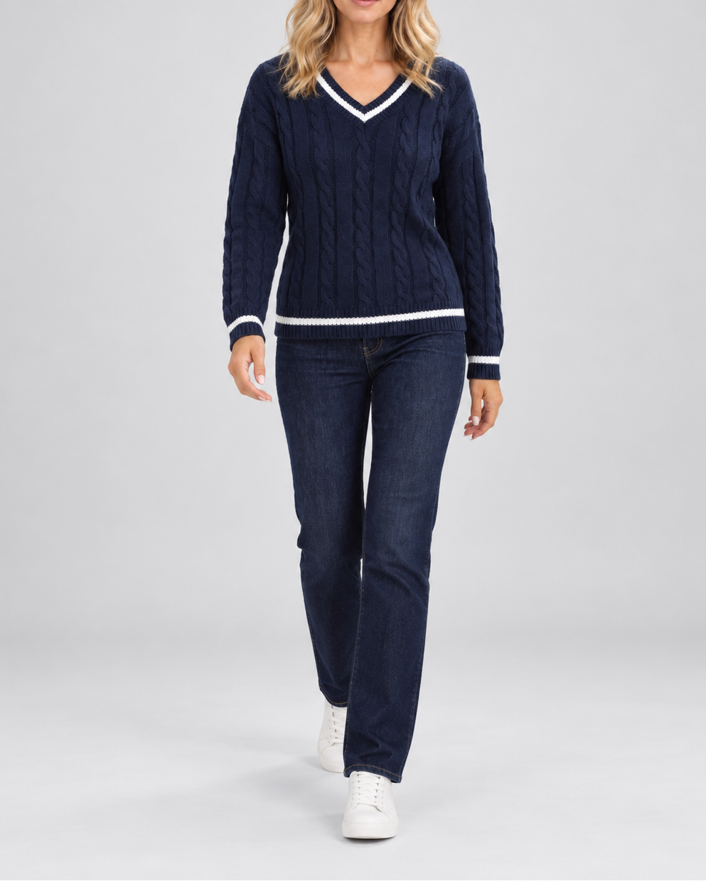 Women's Cable Knit Sweater – V-Neck, Stripe Trim