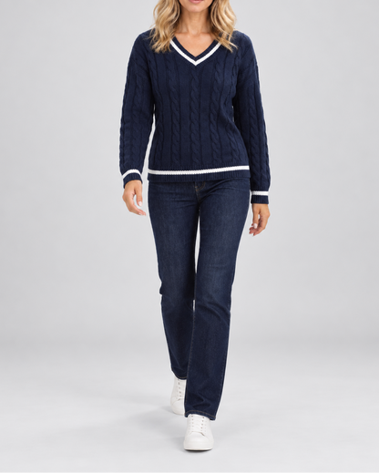 Women's Cable Knit Sweater – V-Neck, Stripe Trim